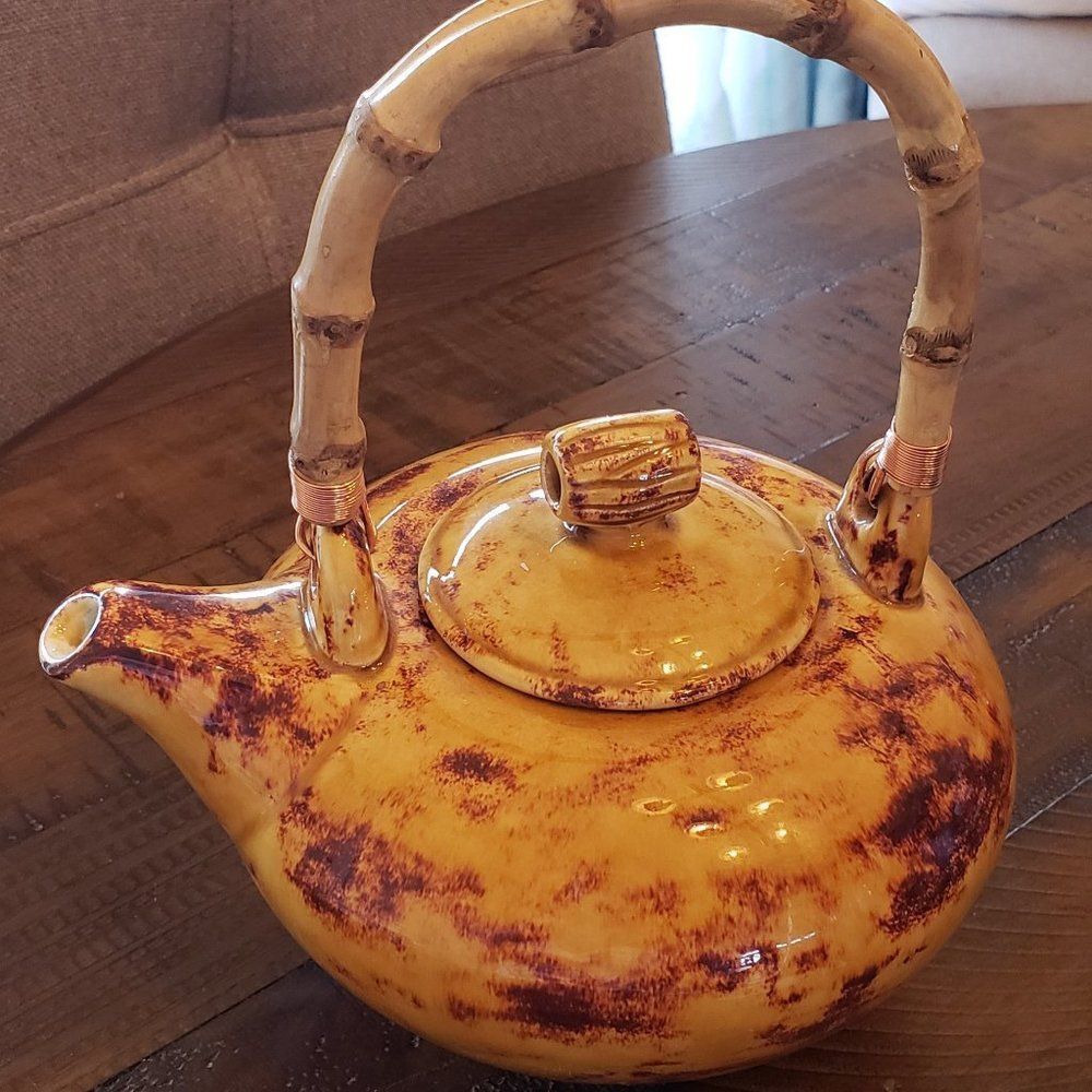 Signed Rustic Pottery Mustard Rust Bamboo Handle Teapot - 2014